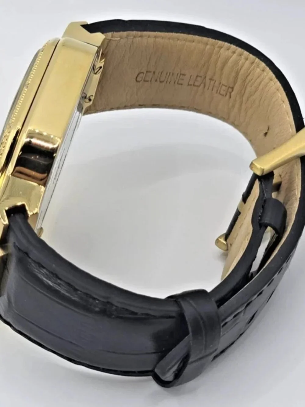 JBW J6342E Mens Gold Tone Chronograph Diamond Bezel Black Leather Watch 44mm